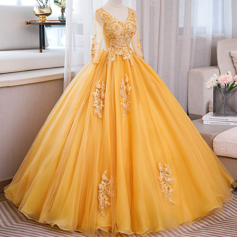 Fashion Ball Gown Women Quinceanera Dresses Appliques Long Sleeves Prom Birthday Party Gowns Formal Vestido De Noche