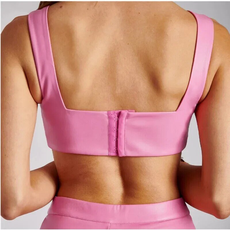2021 Women PU Skirt Outfit Two Piece Set Bra Crop Tops Leather Mini Skirt Solid Pink Bodycon Skinny Sexy Party Clubwear