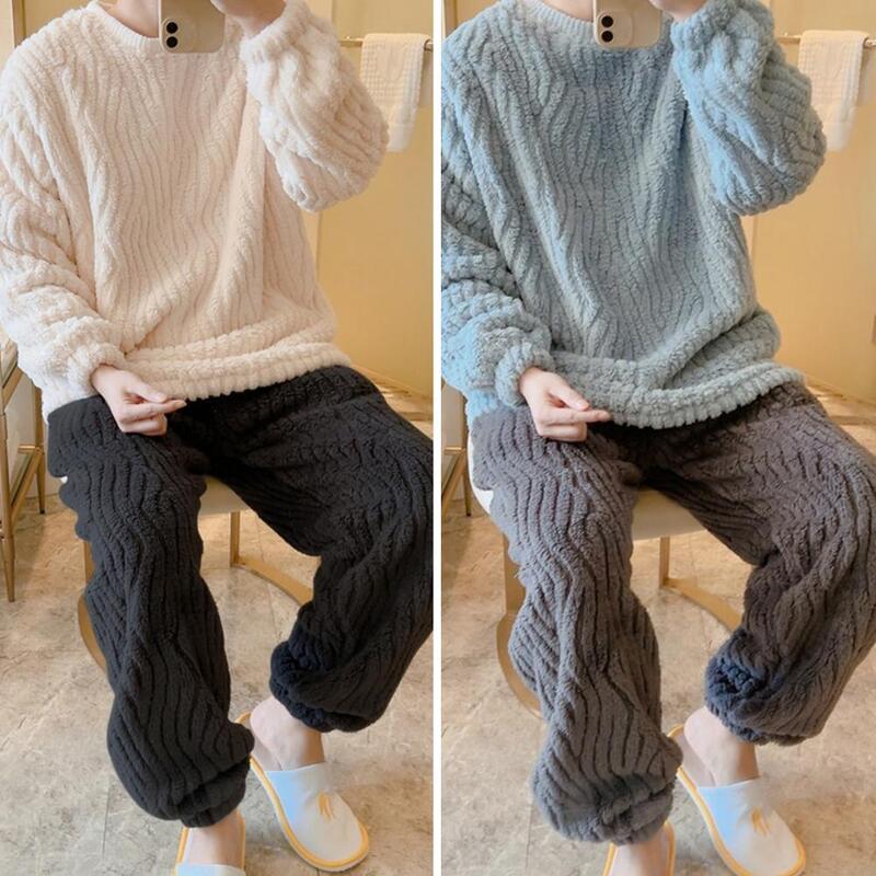 Conjunto de pijama de franela con diseño de encuadernación de piernas para hombre, ropa de descanso cómoda de tacto suave, manga larga, otoño