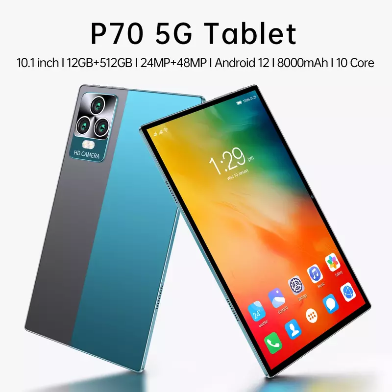 Bluetooth Tablet Android P70, Deca Core, 24 + 48MP, WPS + 5G WiFi Laptop, 10.1 ", Android 12, 2022, 12GB, 512GB, Hot Sales, 2023
