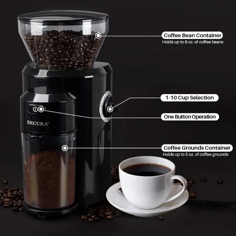 Secura penggiling kopi, penggiling kopi Burr kerucut dengan 18 pengaturan penggiling dari ultra-halus hingga kasar, penggiling kopi elektrik