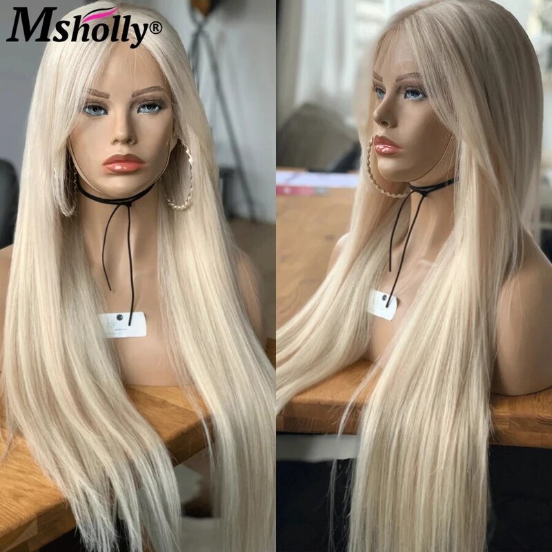 Sophia-Perruque Lace Front Brésilienne Remy Naturelle, Cheveux Lisses, Blond Blanc, HD Transparent, Pre-Plucked, pour Femme