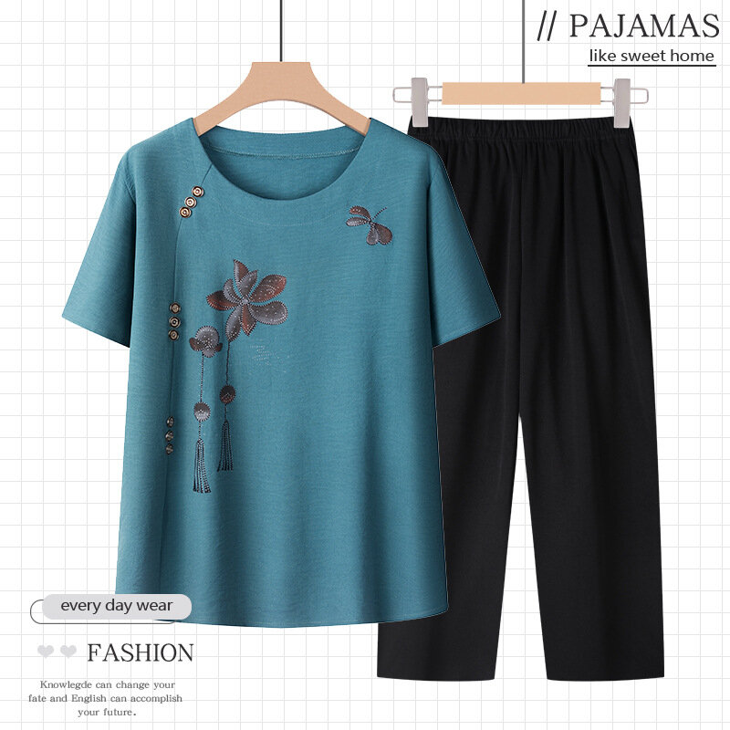 Pijamas de malha vintage feminino, conjunto de pijama manga curta, pijamas de meia idade, roupa doméstica, novo