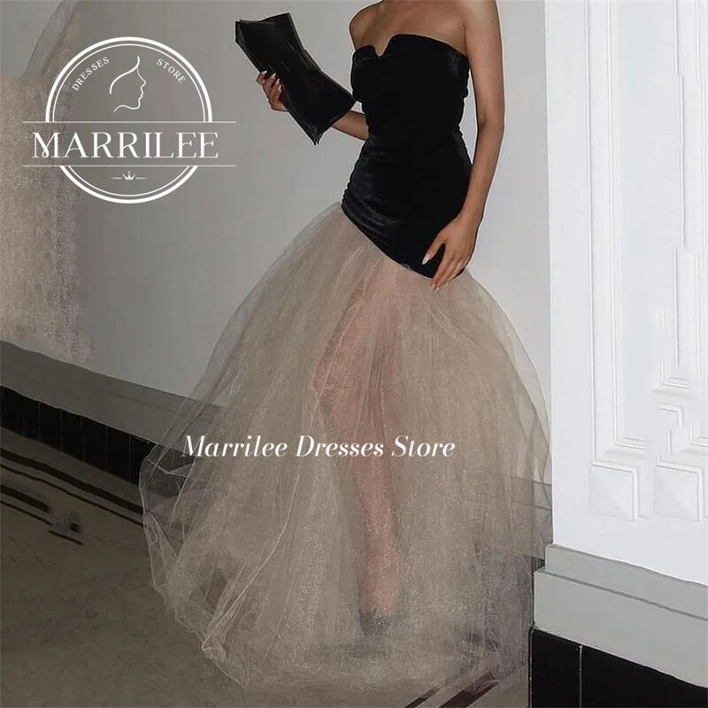 Marrilee Charming Strapless Black Velvet Mermaid Evening Dress Illusion Tulle Sleeveless Floor Length Prom Gown Formal Occasions