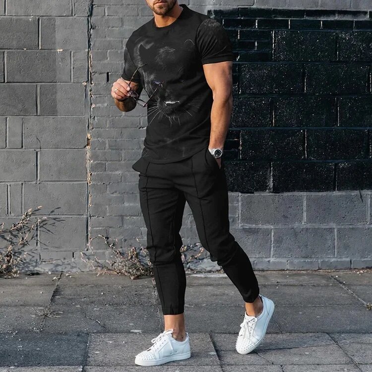 Moda masculina camiseta leopardo 3d impresso masculino conjuntos casual terno