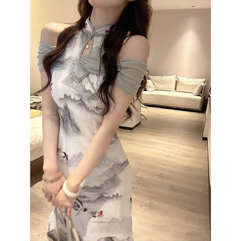 Sexy Off Shoulder Long Cheongsam Gray Ink Slim Floral Dress Fashion-look Elegant Traditional Evening Dresses Vintage Qipao