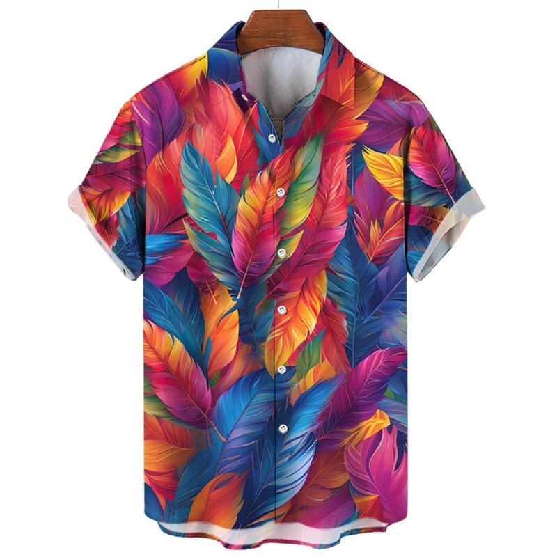 Summer Hawaiian Shirts Casual Men's Shirts Feather Print Shirts for Men Lapel Short Sleeve Men's Clothing Loose Aloha shirts