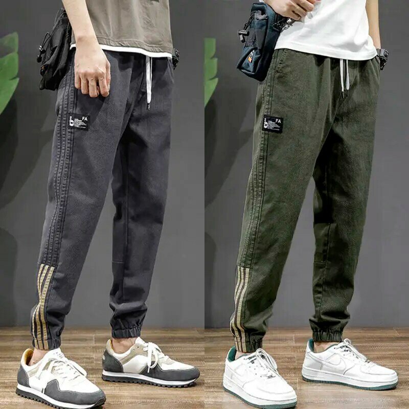กางเกงคาร์โก้ผูกเชือกเอวลายทางของผู้ชาย, กางเกงแฟชั่นสไตล์เกาหลีมีกระเป๋าแบบปะใหม่2023