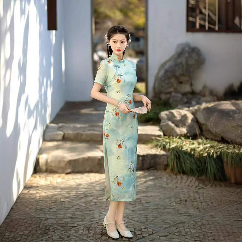 Qipao Cheongsam panjang Retro, gaya anak perempuan berlapis ganda baru musim semi 2024