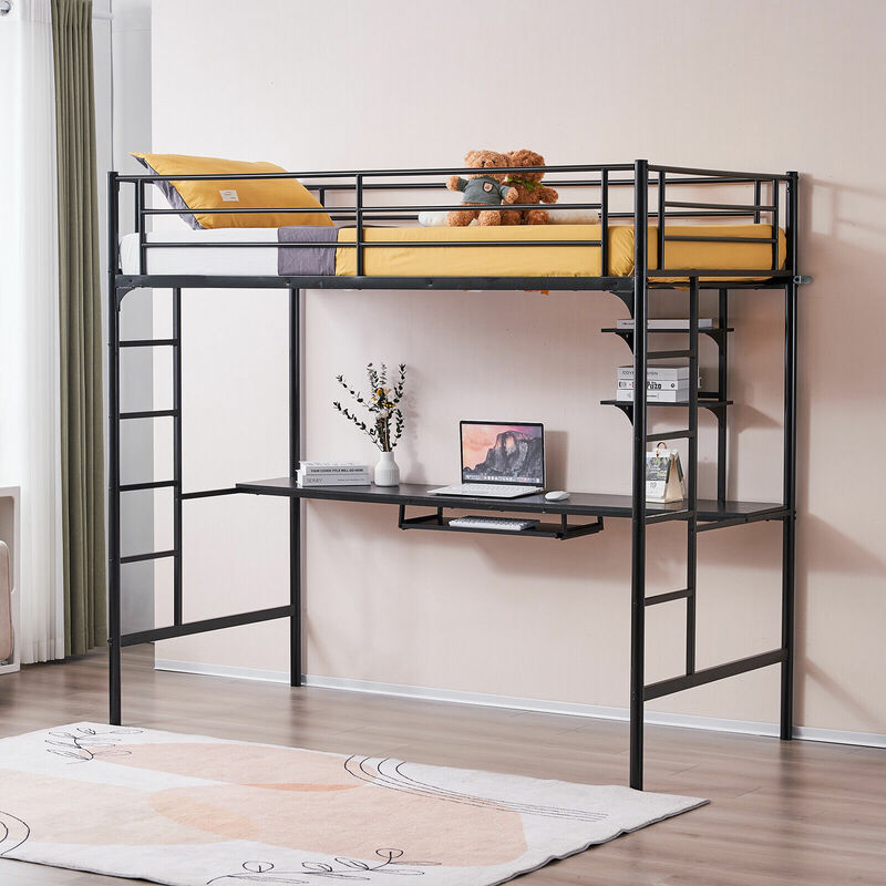Rap-duty-Cadre de lit double loft en métal avec bureau et 2 étagères, 2 échelles pour adolescents