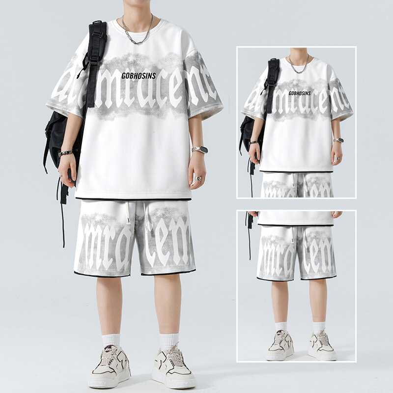 Летний спортивный костюм в стиле пэчворк, Мужская футболка с круглым вырезом и рукавом до локтя, комплект одежды, футболка и шорты, комплект из 2 предметов, мужской стиль
