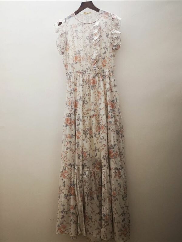 Frauen Blumen bedruckte Robe Rüschen gespleißt fliegende Ärmel Rundhals ausschnitt elastische Taille plissiert Vintage Midi-Kleid