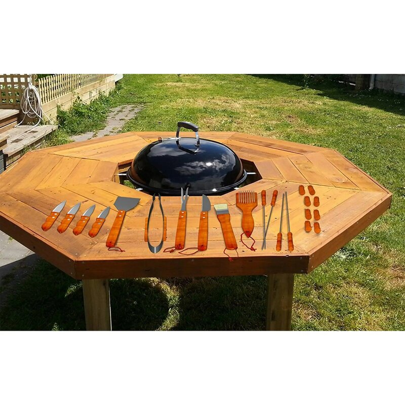 Set alat panggang BBQ kayu 22 potong, Set peralatan panggang BBQ kayu dengan wadah dan 4 pisau Steak
