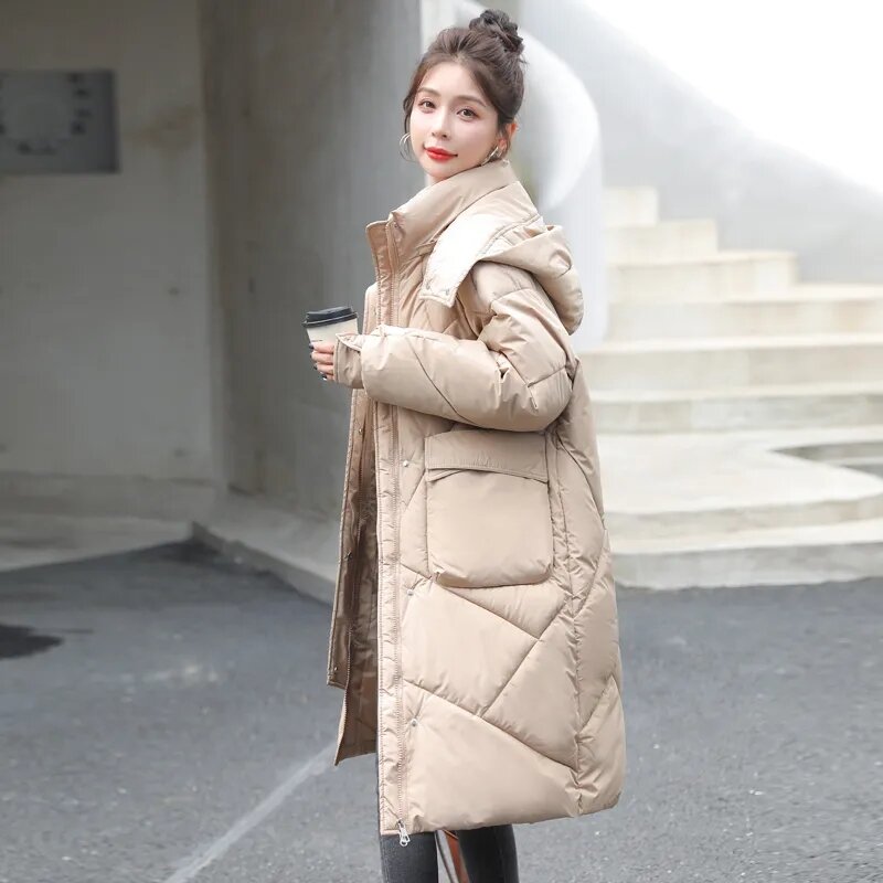 Kurtka zimowa damska długie 2023 nowe puchowa kurtka bawełniana koreańskie luźne, grube parki damskie z kapturem na kolano płaszcz z podszewką