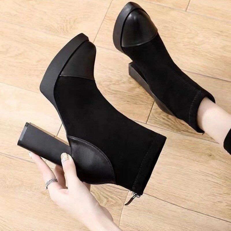 2023 Shoes for Women Zipper Women Boots Winter Pointed Toe Solid High Heels Shoes Ladies Short Barrel Chunky Heel Fashion Boots