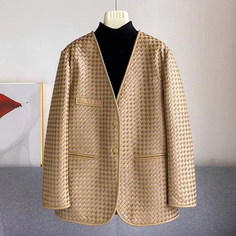Damen Schaffell Lederjacken lässig gestrickt Mantel Webart Outwear Frühling Herbst V-Ausschnitt Jacke