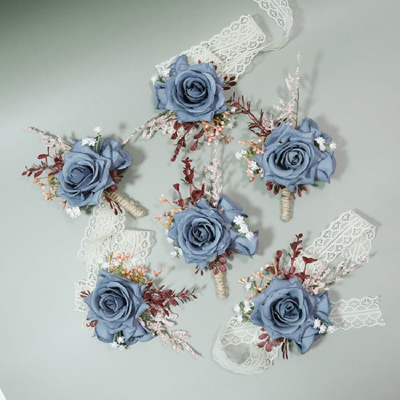 Boutonniere dan korsase pergelangan tangan, perlengkapan pernikahan bunga simulasi seni bunga bisnis perayaan membuka tamu 473