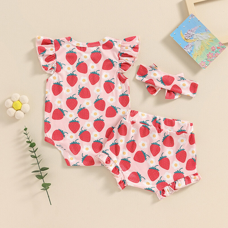 2024-03-25 Lioraitiin 0-6M Summer Baby Girls Clothes Sets Flying Sleeve Strawberry/Floral Print Romper Shorts Headband Sets