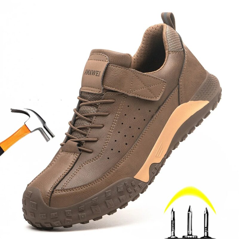 Sepatu penutup jari kaki baja untuk pria, sepatu kets kerja pelindung tahan tusukan untuk pria