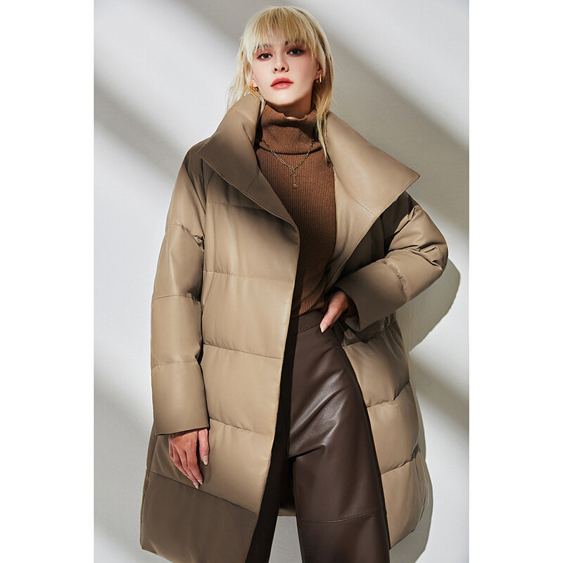Jaqueta de couro reta de comprimento médio feminina, gola de gola, pele de carneiro natural, moda feminina, casaco quente genuíno, inverno