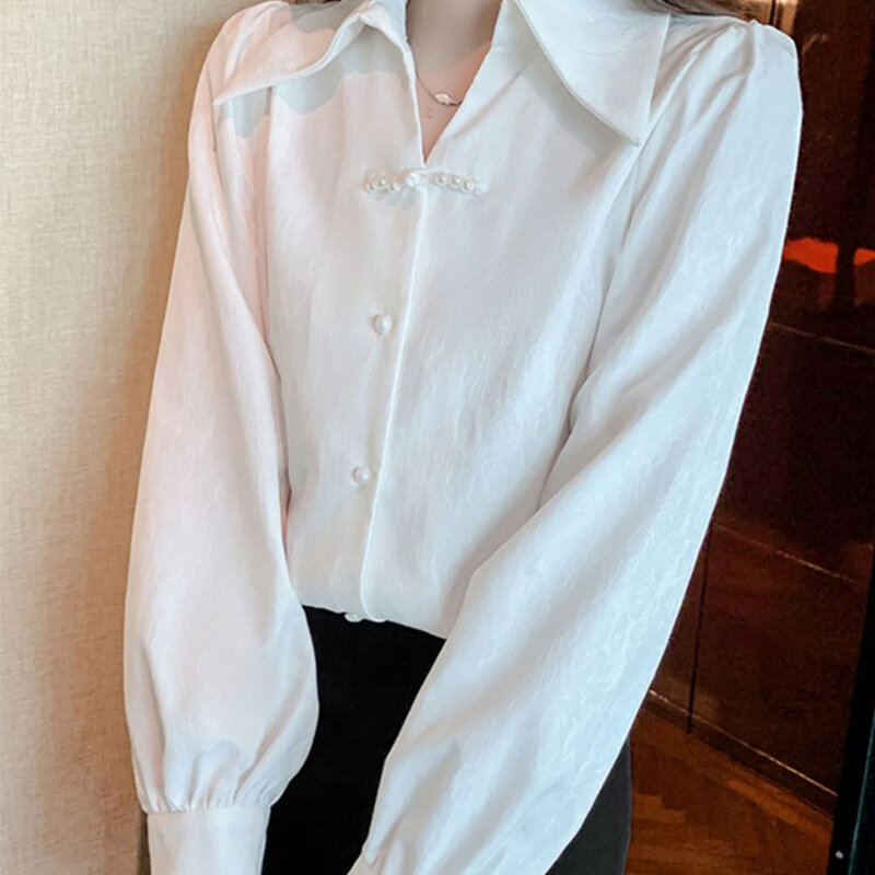 Женская шифоновая рубашка в китайском стиле, Элегантная Модная Свободная Повседневная однотонная шифоновая блузка в стиле ретро с V-образным вырезом и длинным рукавом, Новинка лета 2024
