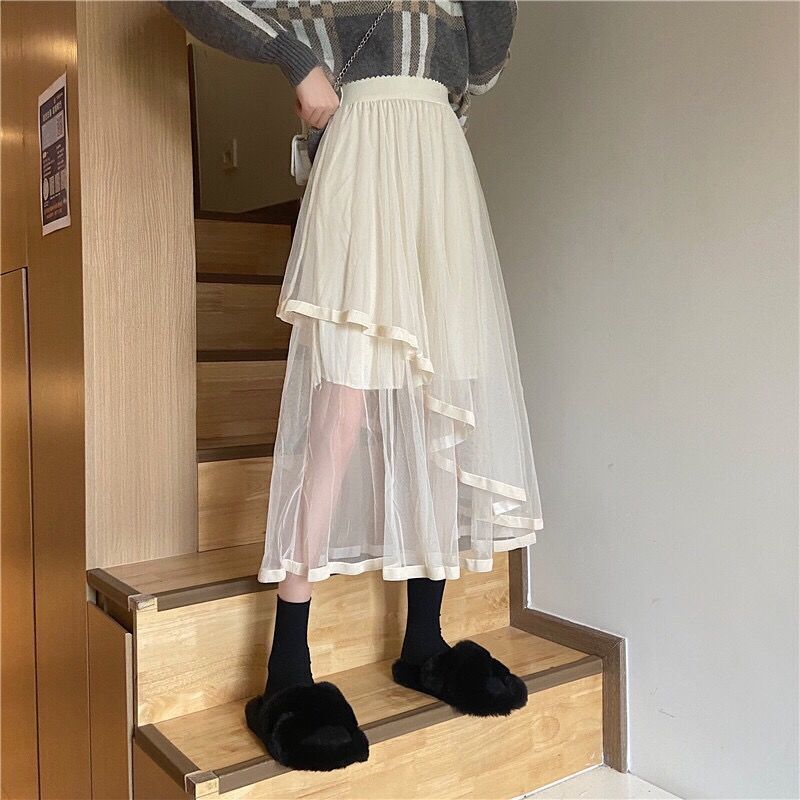 2024 Spring New High End Hanging Cake Skirt Mesh Skirt Irregular Spliced Fluffy Skirt Mid Length Half Skirt