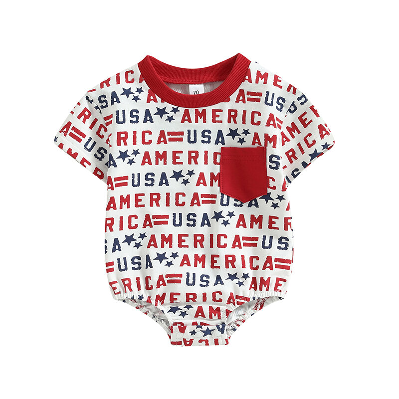 2023-03-07 Lioraitiin 0-18M Infant Baby Boy Gir Summer Bodysuit Indepenedence Day Short Sleeve Letter USA Printed Jumpsuit Red