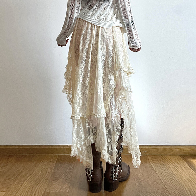 HEYounGIRL-Falda asimétrica de encaje para mujer, ropa Y2K de cintura alta, Estilo Vintage, estética