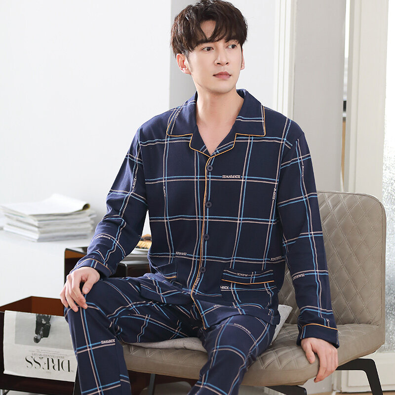 Men's 100% Cotton Lapel Cardigan Pajamas Plaid Sleepwear Spring Autumn Casual Comfortable Pajamas for Men Big Yards Pajama Sets