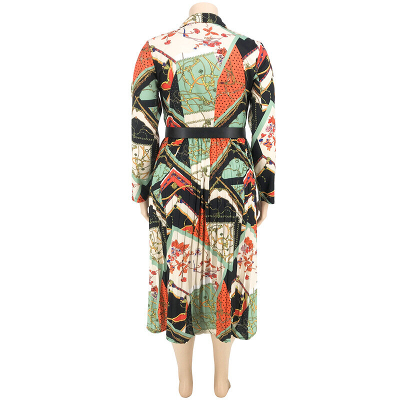 Plus Size elegancka plisowana sukienka z paskiem XL-5XL jesień z długim rękawem marszczone damskie pół sukienki biurowe damskie przedsionki 2023
