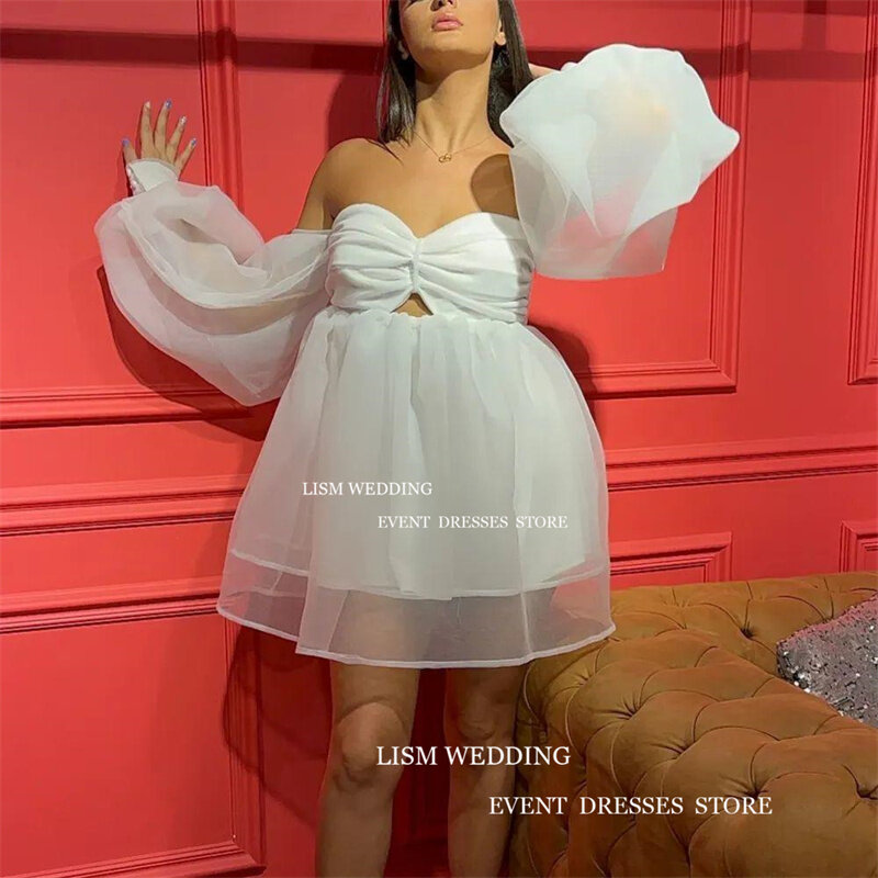 LISM Sexy Off Shoulder Evening Dress Organza Sweetheart Prom Gown A Line Puff Sleeve Mini Cocktail Sweet Night Event Dress