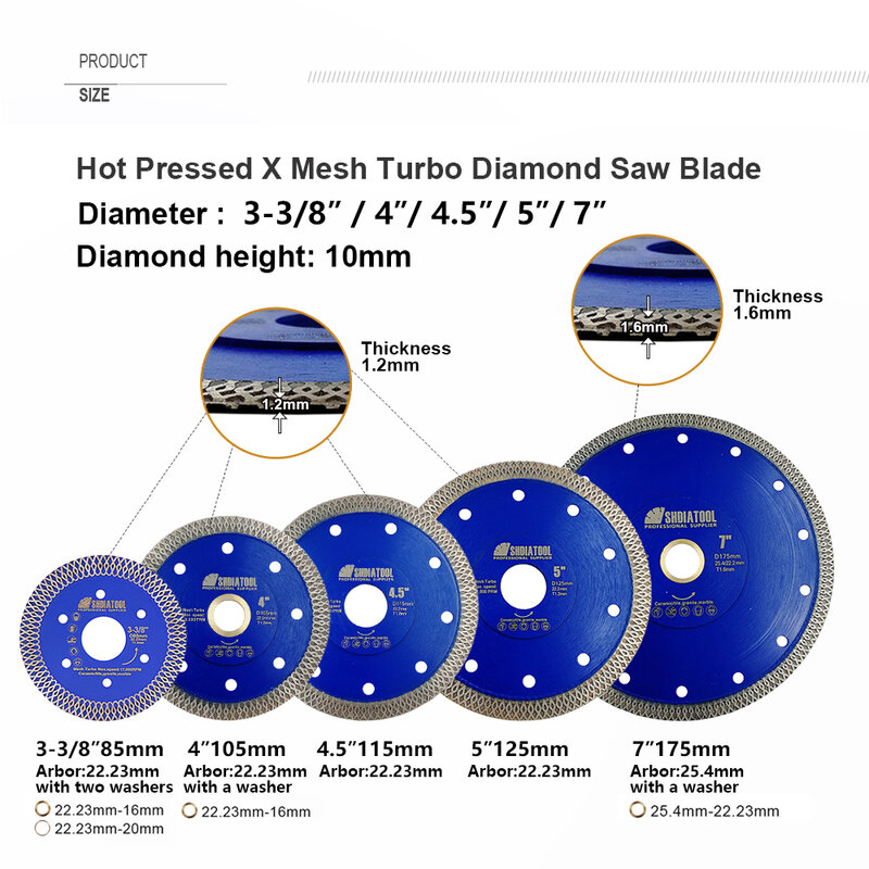 SHDIATOOL-disco de corte de diamante, hoja de sierra Turbo de malla, segmento de llanta, diámetro sinterizado prensado en caliente Circular, 4 ", 4,5", 5 ", 7", 8 ", 9", 10 ", 12", 1 unidad
