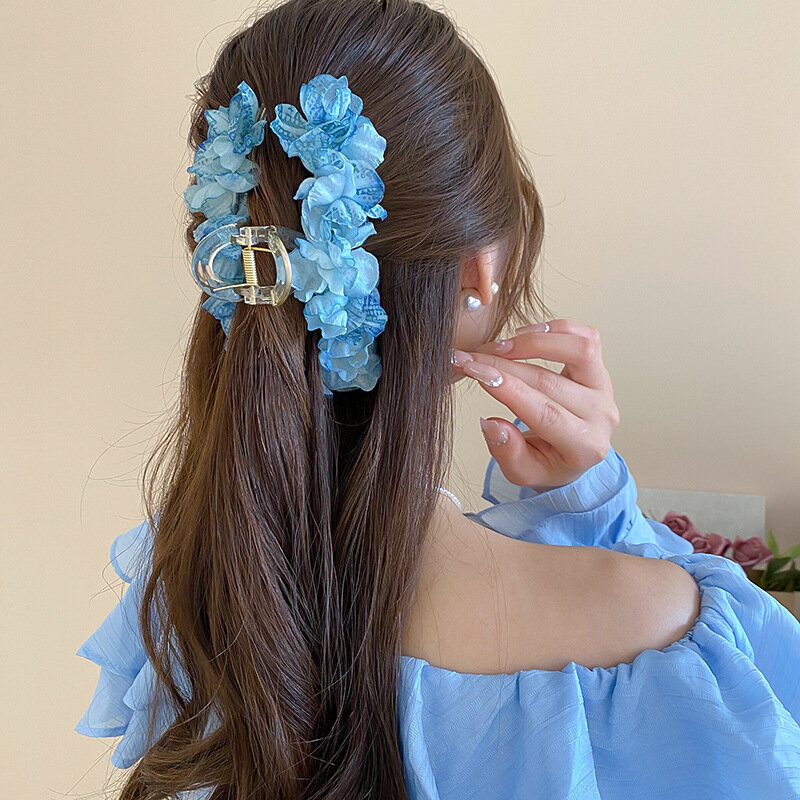 Klip rambut bunga besar biru baru musim semi musim panas dengan pita kupu-kupu untuk wanita jepit rambut hiu aksesori rambut gadis