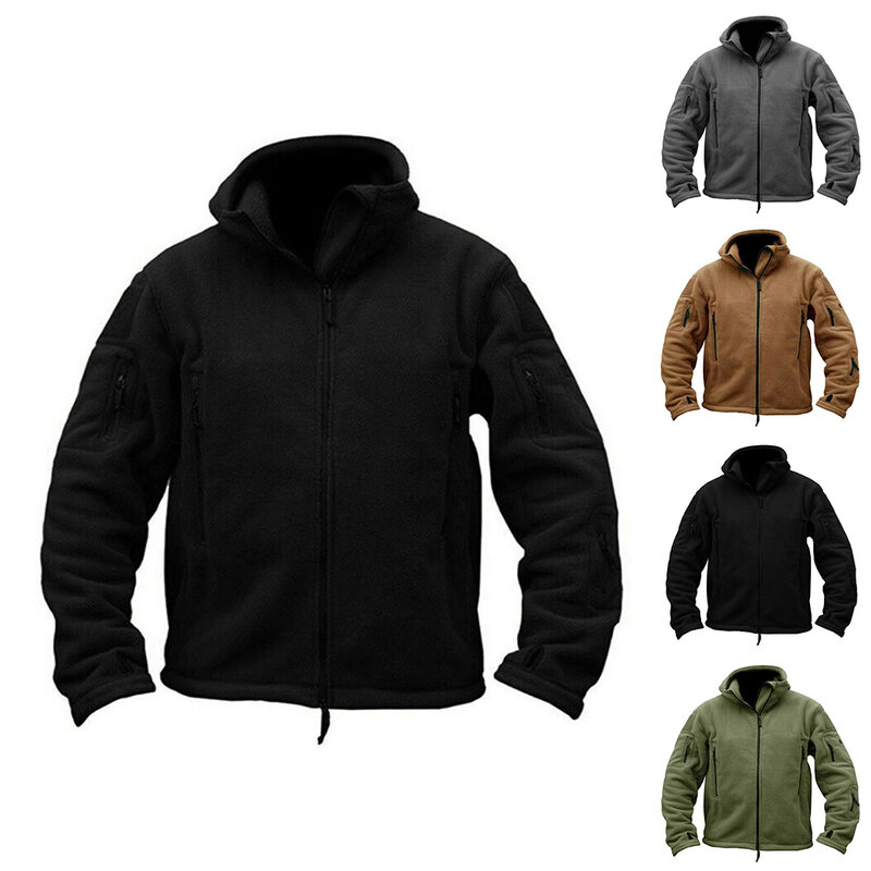 Winter Warm Men Casual Hooded Fleece Jacket Zip Up Outdoor Hiking Windproof Work Coat Outwear Windbreaker Male Solid Clothing