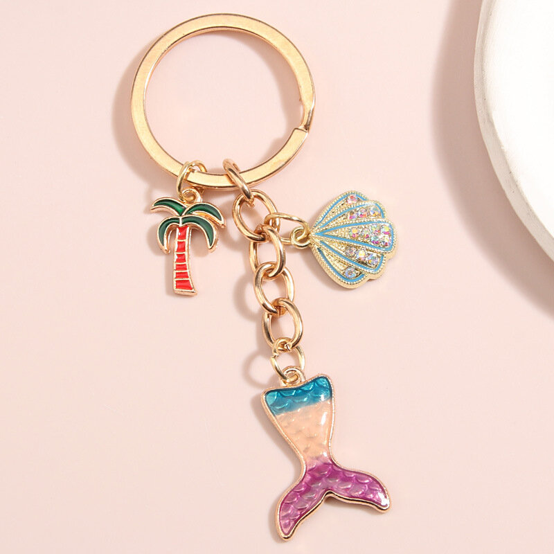 Cute Sea Keychain Starfish Shell Conch Heart Key Ring Mermaid Tail Key Chains Summer Gifts For Women Men DIY Handmade Jewelry