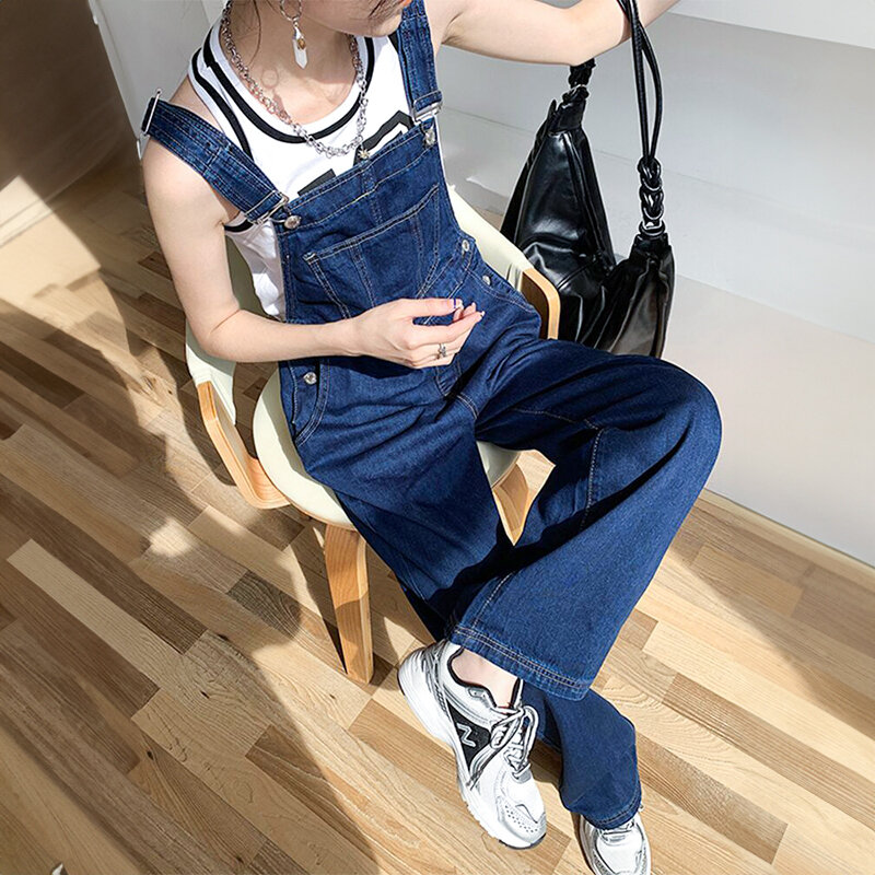 Macacão azul escuro retrô feminino, macacão jeans na moda coreana, macacão solto, jeans de verão, calças largas de rua alta, Y2k