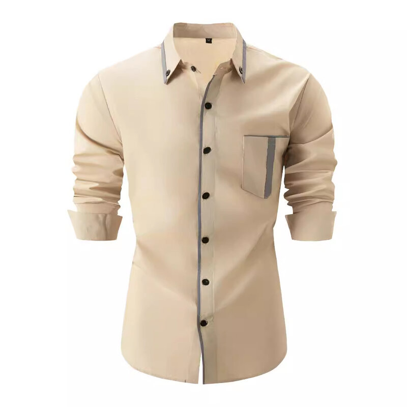 Camisa masculina solta de manga comprida colorida, gola polo britânica, bolso casual, nova, para primavera e outono