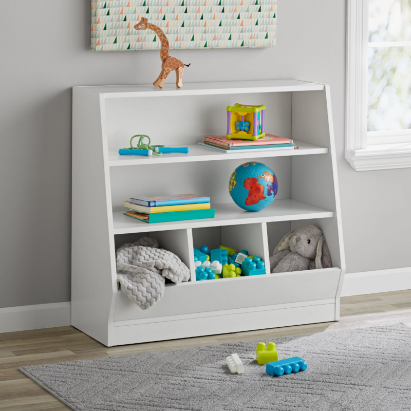Kids Bin Storage and Two Shelf Bookcase, White