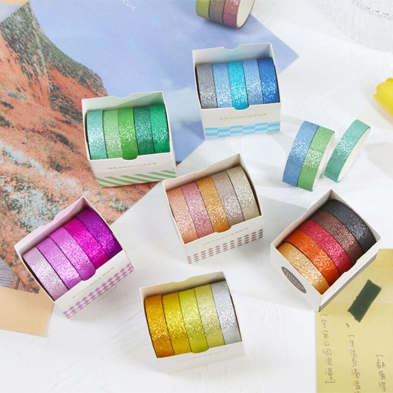 5Rolls Glitter Washi Tape Set Scrapbooking Decoratieve Plakband Album Washitape Briefpapier Journal Levert Basic Masking Ta