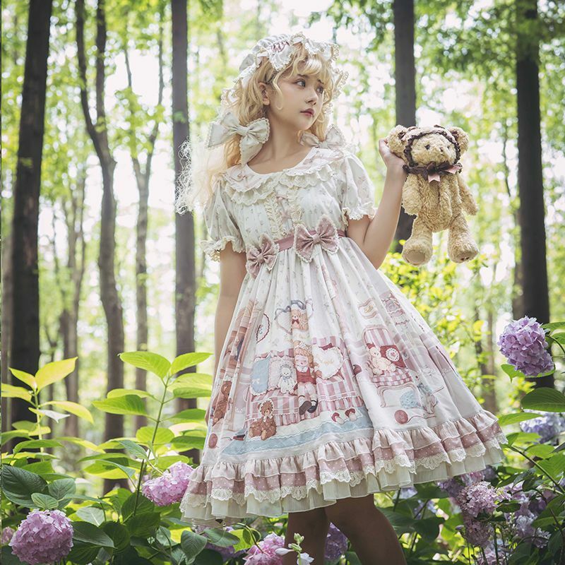 Kawaii Sweet Lolita Princess Dress Ruffles Cupcake Dress Bow OP Short Sleeve Doll Feeling Girly Camisole Dresses