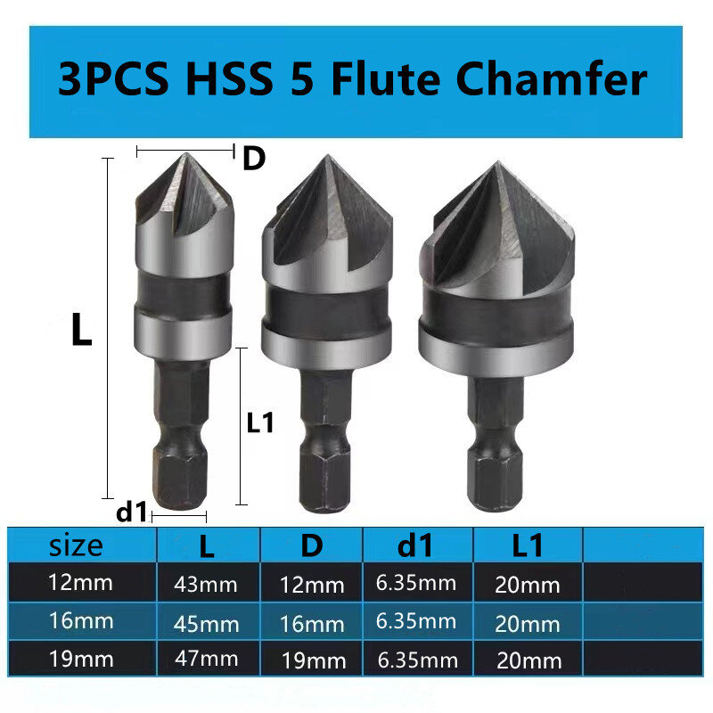 1 buah 82 derajat Set mata bor Talang 12/16/19mm 5 seruling mata bor pertukangan pemotong mata bor Countersink Set pengeboran