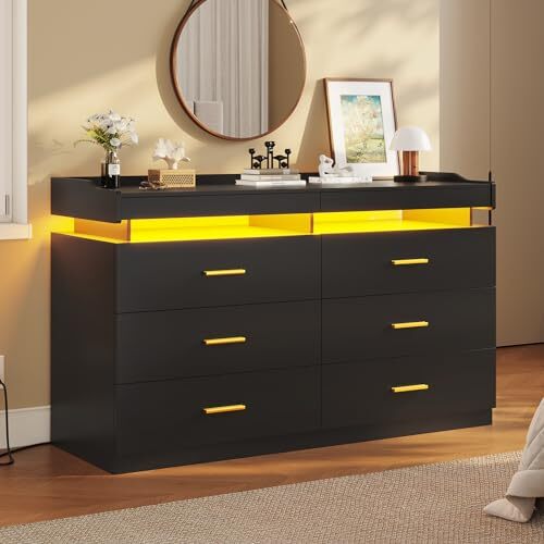 LED Dresser for Bedroom Wood, 6 Drawer Dresser with 2 Pull-Out Trays, Chest of Drawers for Bedroom