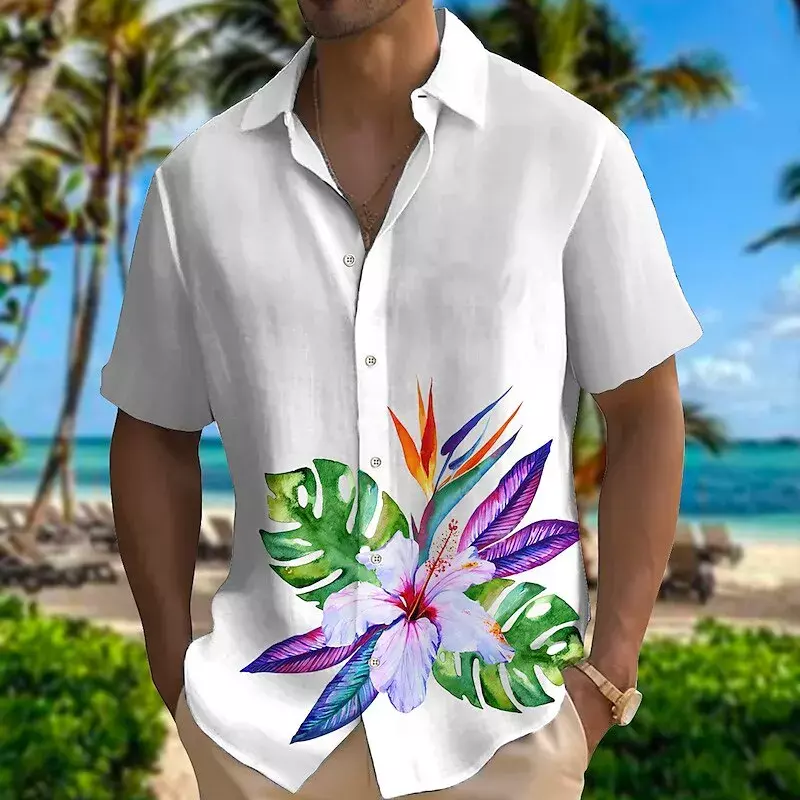 Camisas divertidas con estampado de loro en 3D para hombre, camisetas de manga corta con patrón de flores a la moda, Tops sueltos con solapa informal, ropa de playa de verano