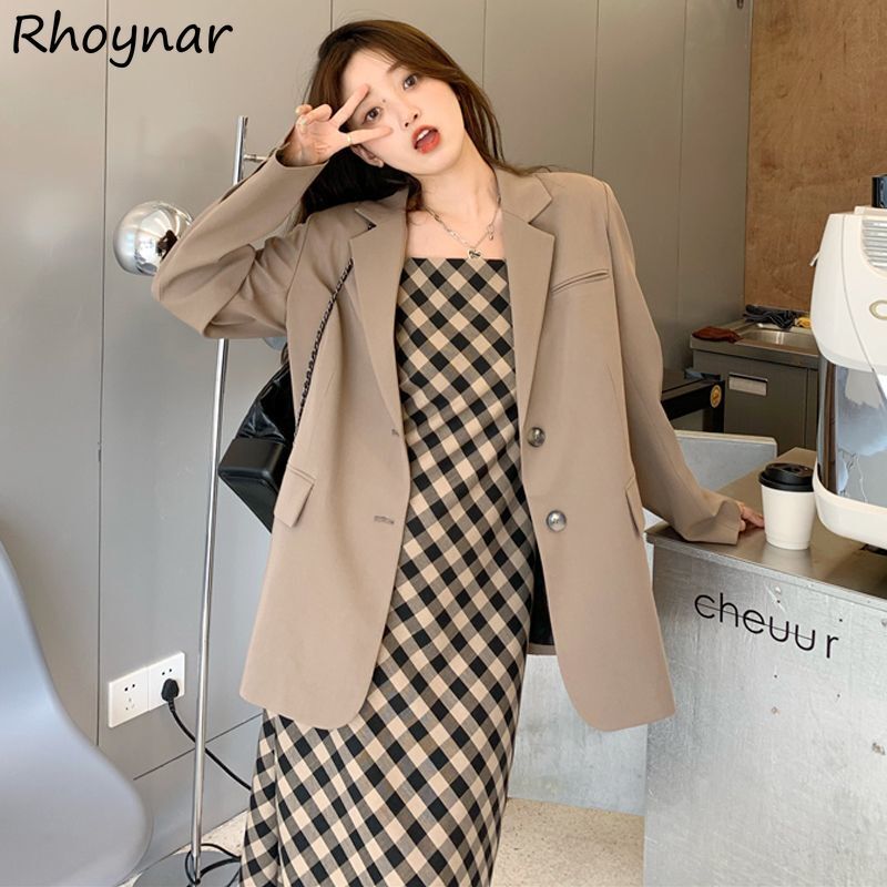 Long Blazers Women Vintage Pure Loose Preppy Style Temper Office Lady Notched Aesthetic Gentle Harajuku Outerwear Personality