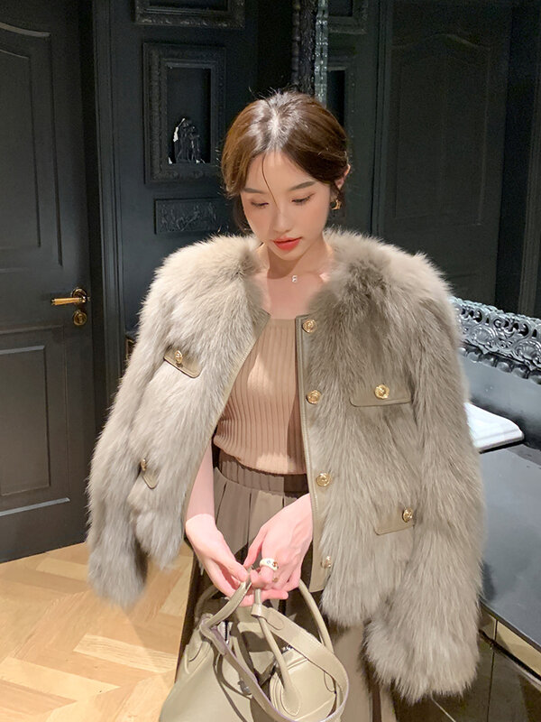 Fur Coat Women's SolidColor Simple Fashion Single-Breasted RoundNeck Metal Decoration Thickened Warm Winter Short Slimming Young
