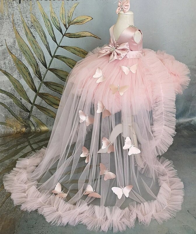 Цветочные платья для девочек Пышное Платье для девочек розовое детское платье со шлейфом и бантом Симпатичные Детские платья на день рождения для первого причастия