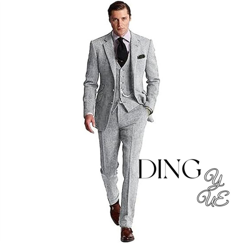 Conjunto de terno de Tweed Herringbone masculino, Slim Fit Groom Smoking, Prom Blazer, marrom, cinza, retro, 3 peças