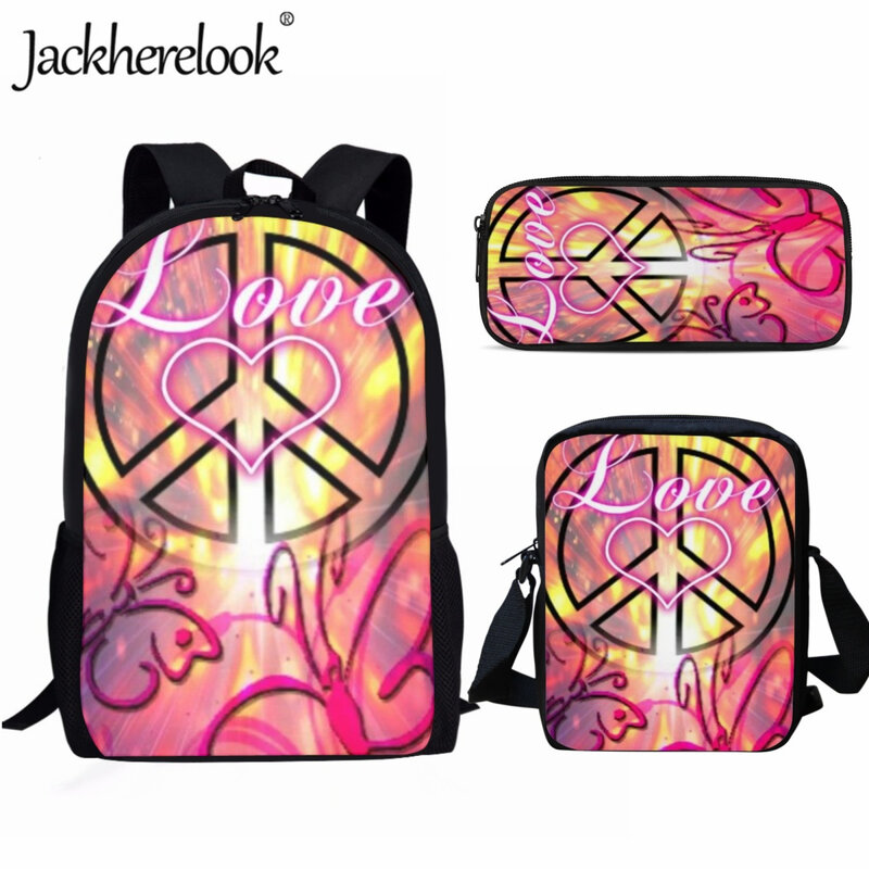 Jackherelook – sac d'école pour enfants, sac à dos décontracté rose imprimé motif de paix pour filles, sac pour ordinateur portable d'université