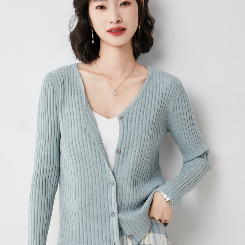 Primavera outono feminino cardigan médio grosso camisola de malha versátil topo coreano com decote em v pit strip solto manga longa jaqueta casual