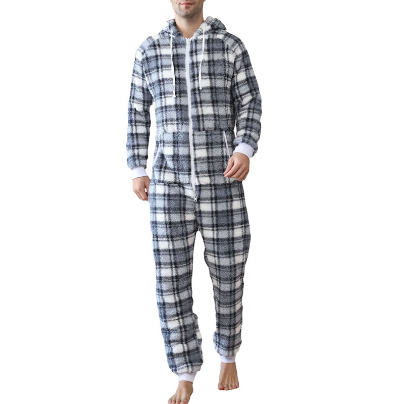 Macacão com capuz masculino, pijama de lã reversível, roupa de dormir xadrez, manga longa, gola V, macacão com zíper, loungewear, quente, outono, inverno